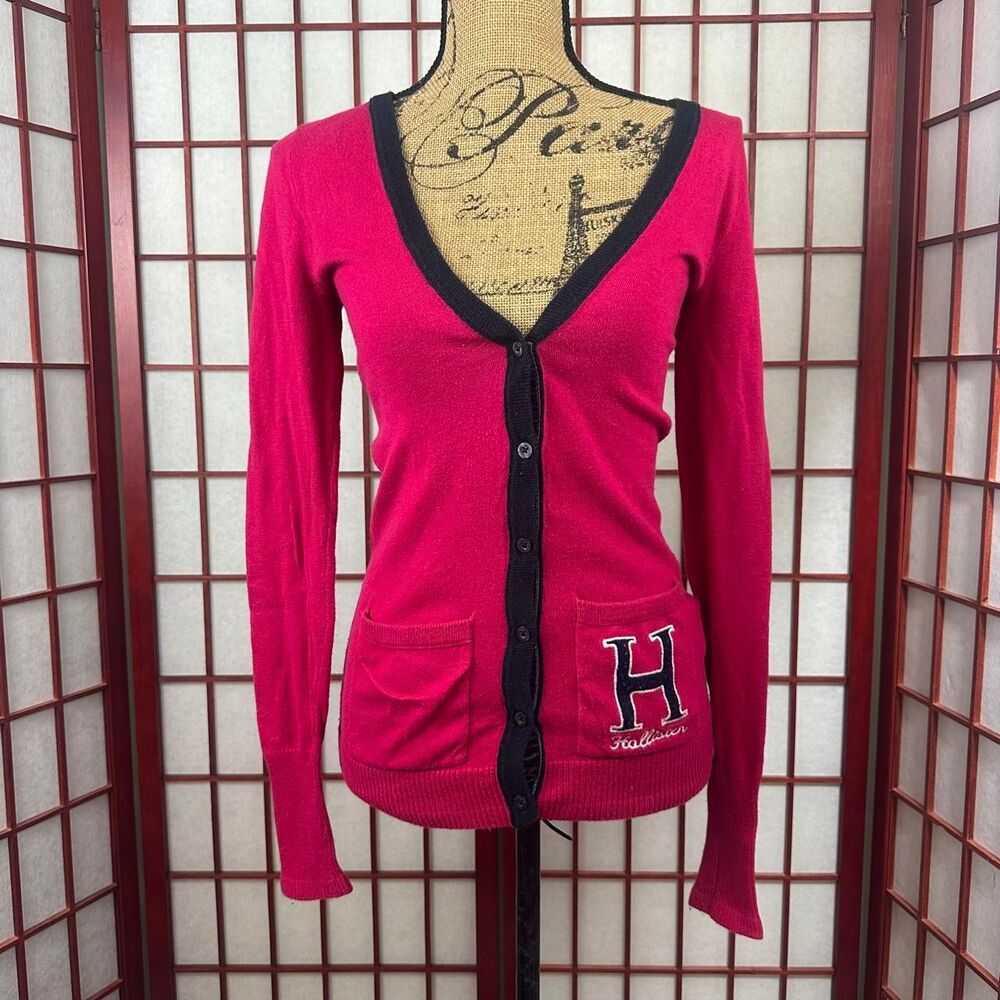 Y2K Hollister Pink and Navy Preppy Cardigan Long Sleeve Fitted Sweater